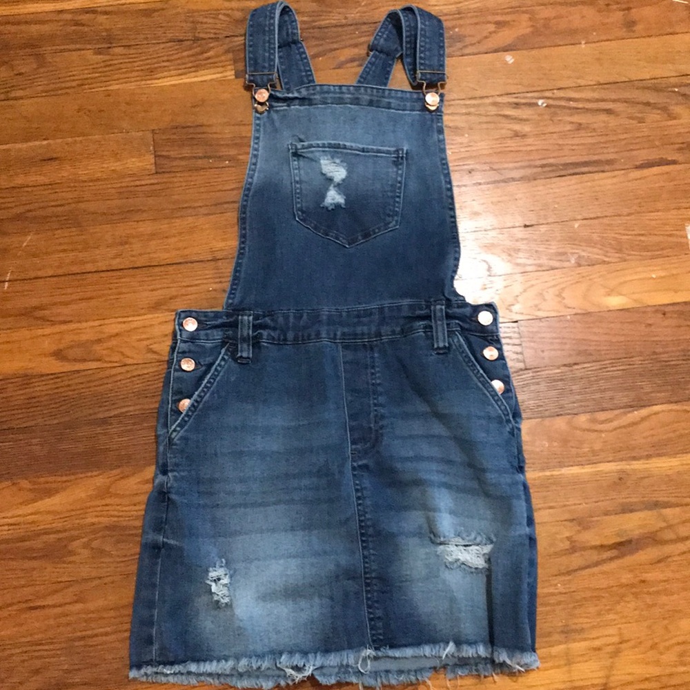 Celebrity pink jean overall dress